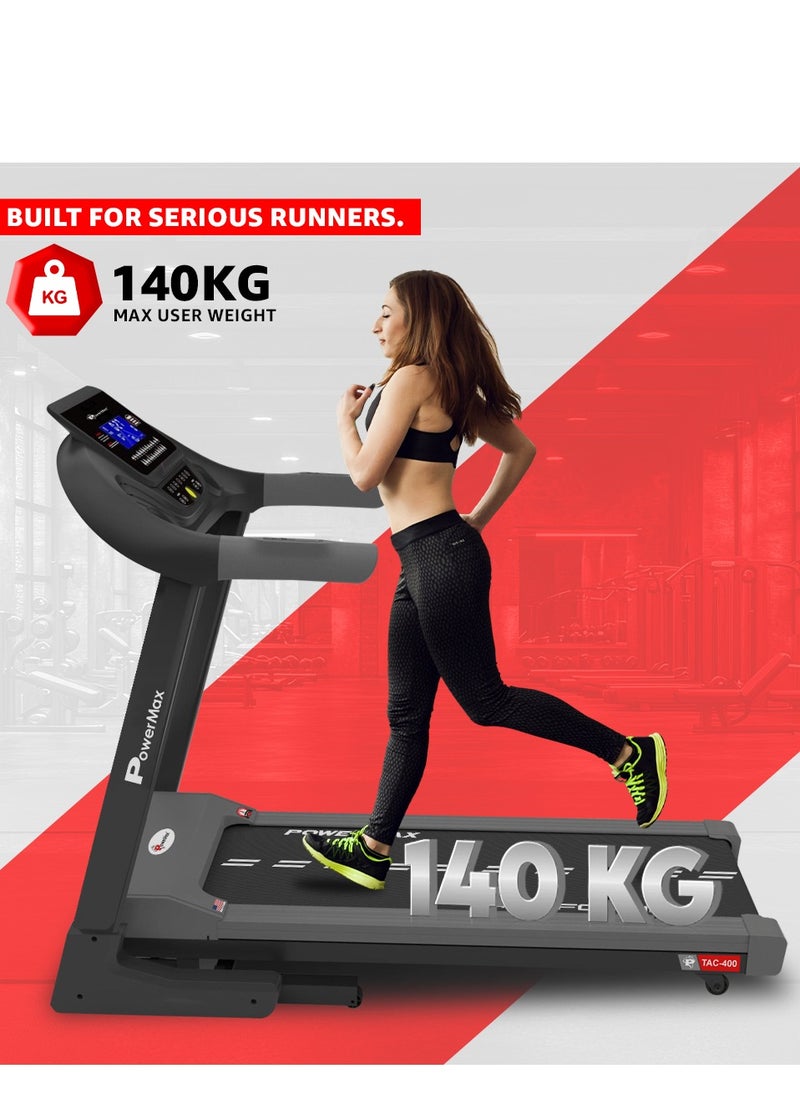 باورماكس فيتنيس جهاز المشي Powermax TAC-400 6HP AC بمحرك شبه تجاري مائل تلقائيًا لصالة الألعاب الرياضية المنزلية، أقصى وزن للمستخدم 140 كجم، السرعة القصوى 18 كيلومترًا في الساعة، سطح الجري 1400 × 450 مم، تزييت يدوي، بلوتوث، USB، مكبر صوت، شاشة LCD.  - Image 3