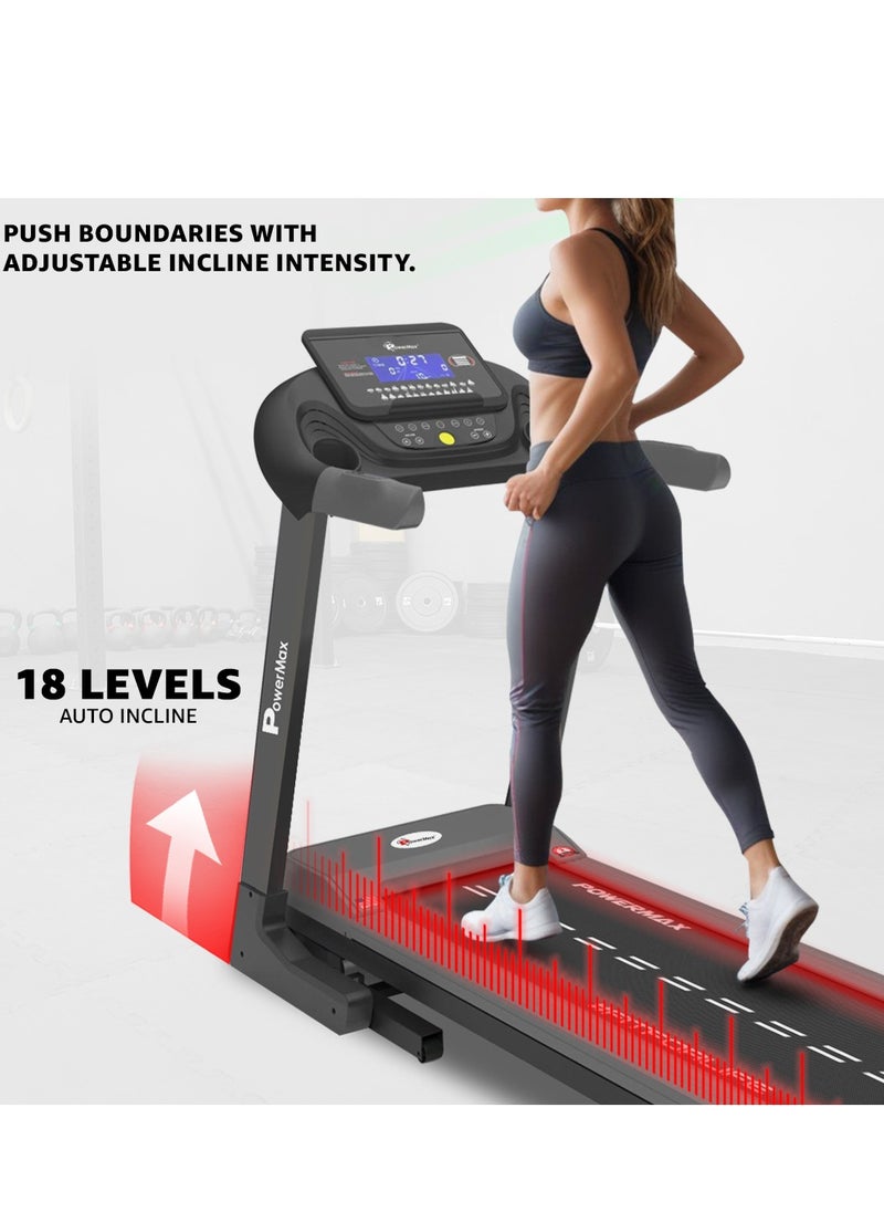 باورماكس فيتنيس جهاز المشي Powermax TAC-400 6HP AC بمحرك شبه تجاري مائل تلقائيًا لصالة الألعاب الرياضية المنزلية، أقصى وزن للمستخدم 140 كجم، السرعة القصوى 18 كيلومترًا في الساعة، سطح الجري 1400 × 450 مم، تزييت يدوي، بلوتوث، USB، مكبر صوت، شاشة LCD.  - Image 5