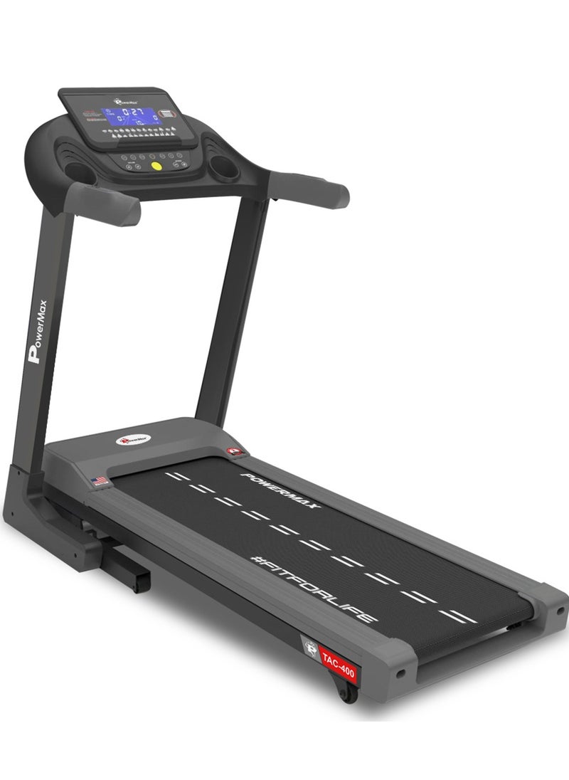 باورماكس فيتنيس جهاز المشي Powermax TAC-400 6HP AC بمحرك شبه تجاري مائل تلقائيًا لصالة الألعاب الرياضية المنزلية، أقصى وزن للمستخدم 140 كجم، السرعة القصوى 18 كيلومترًا في الساعة، سطح الجري 1400 × 450 مم، تزييت يدوي، بلوتوث، USB، مكبر صوت، شاشة LCD.  - Image 1