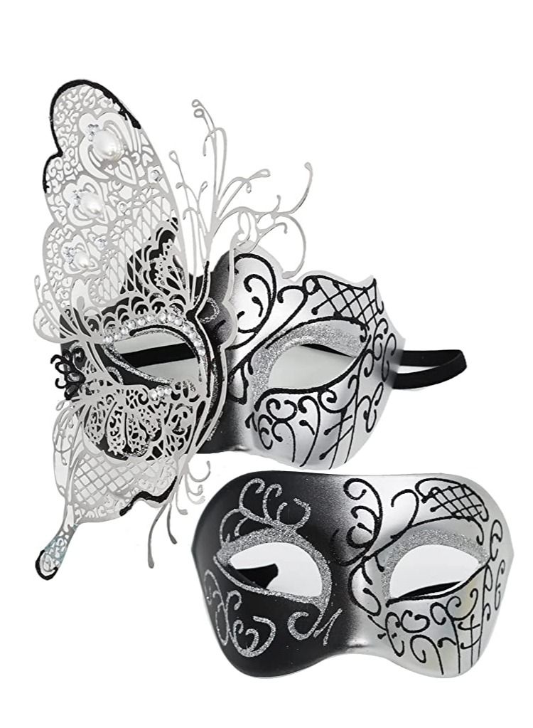 Excefore Masquerade Mask for Couples, Mardi Gras Venetian Side flower Mask, Ball Masks, Metal Prom Women Men (2 PCS) - Image 1