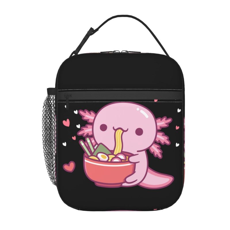 Insulated Lunch Bag: 10 X 8 X 4 Inch Black Triple-Layer Thermal Insulation - Waterproof Easy-Clean Construction Adorable Axolotl Eat Ramen Design For Kids Teens Adults School Work Picnics Travel - Image 1