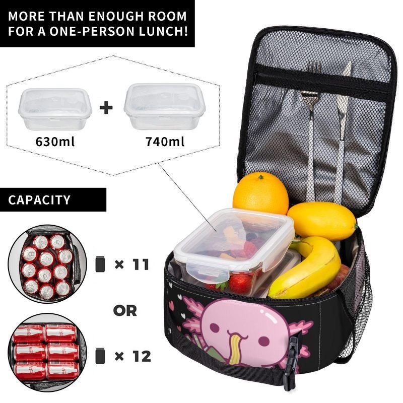 Insulated Lunch Bag: 10 X 8 X 4 Inch Black Triple-Layer Thermal Insulation - Waterproof Easy-Clean Construction Adorable Axolotl Eat Ramen Design For Kids Teens Adults School Work Picnics Travel - Image 5