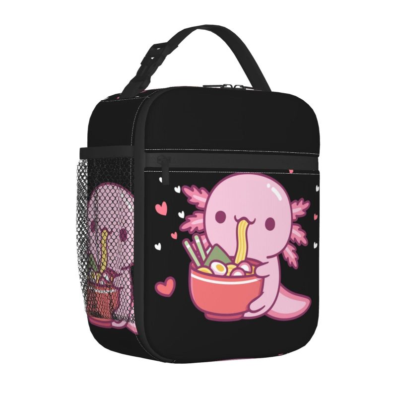 Insulated Lunch Bag: 10 X 8 X 4 Inch Black Triple-Layer Thermal Insulation - Waterproof Easy-Clean Construction Adorable Axolotl Eat Ramen Design For Kids Teens Adults School Work Picnics Travel - Image 4