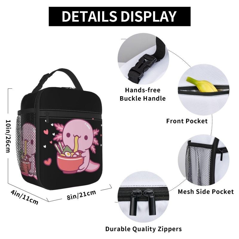 Insulated Lunch Bag: 10 X 8 X 4 Inch Black Triple-Layer Thermal Insulation - Waterproof Easy-Clean Construction Adorable Axolotl Eat Ramen Design For Kids Teens Adults School Work Picnics Travel - Image 3