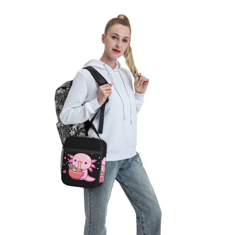 Insulated Lunch Bag: 10 X 8 X 4 Inch Black Triple-Layer Thermal Insulation - Waterproof Easy-Clean Construction Adorable Axolotl Eat Ramen Design For Kids Teens Adults School Work Picnics Travel - Image 2