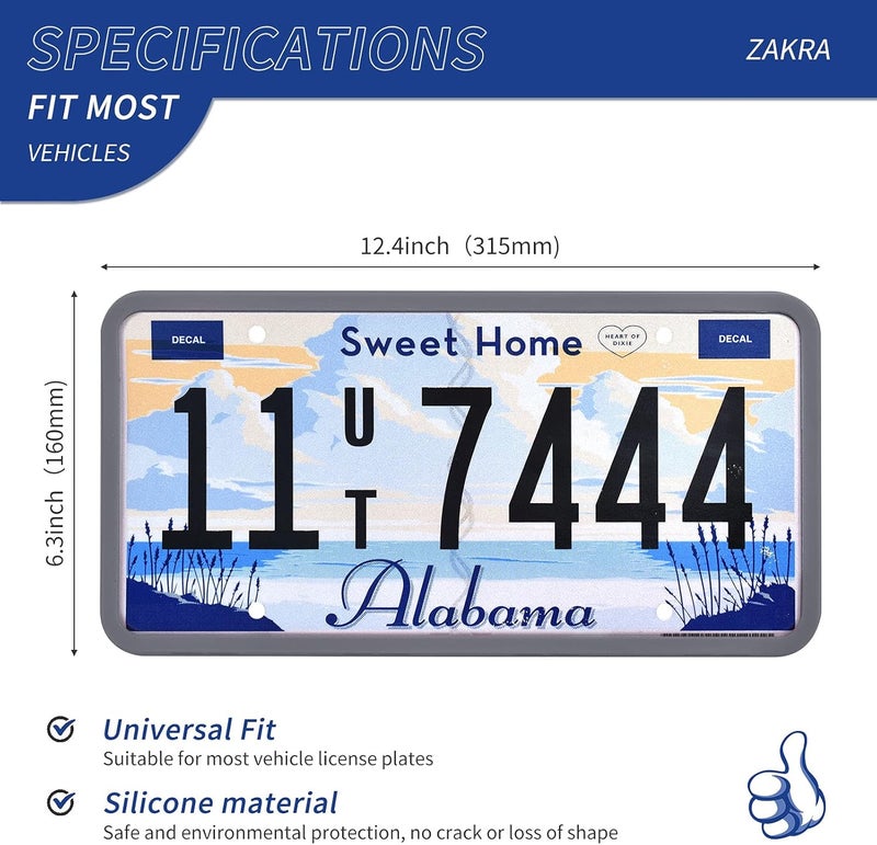 ZAKRA Silicone License Plate Frame - 2 Pack, Rust-Proof, Rattle-Proof, Weather-Proof (Grey) - Image 3