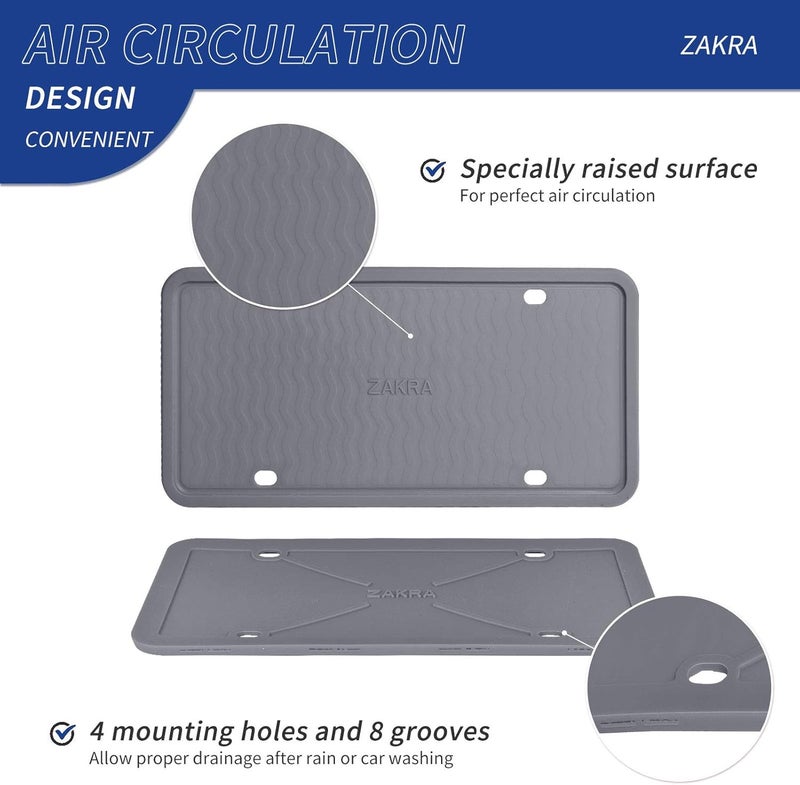 ZAKRA Silicone License Plate Frame - 2 Pack, Rust-Proof, Rattle-Proof, Weather-Proof (Grey) - Image 2