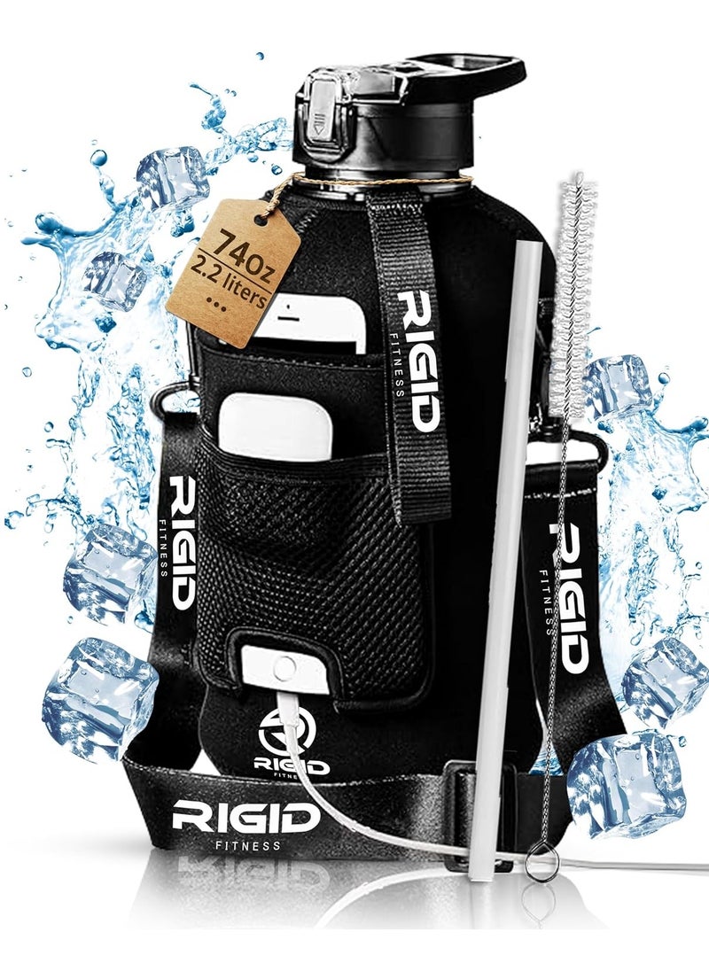 RIGID FITNESS - Fitness Gym Bottle & Hydration Jug - Large Water Bottle With Straw, Storage Sleeve For Phone - Bpa-Free & Healthy Sports Bottle For Workout, Hiking, And Daily Use - 2.2L/74Oz (Black) - Image 1