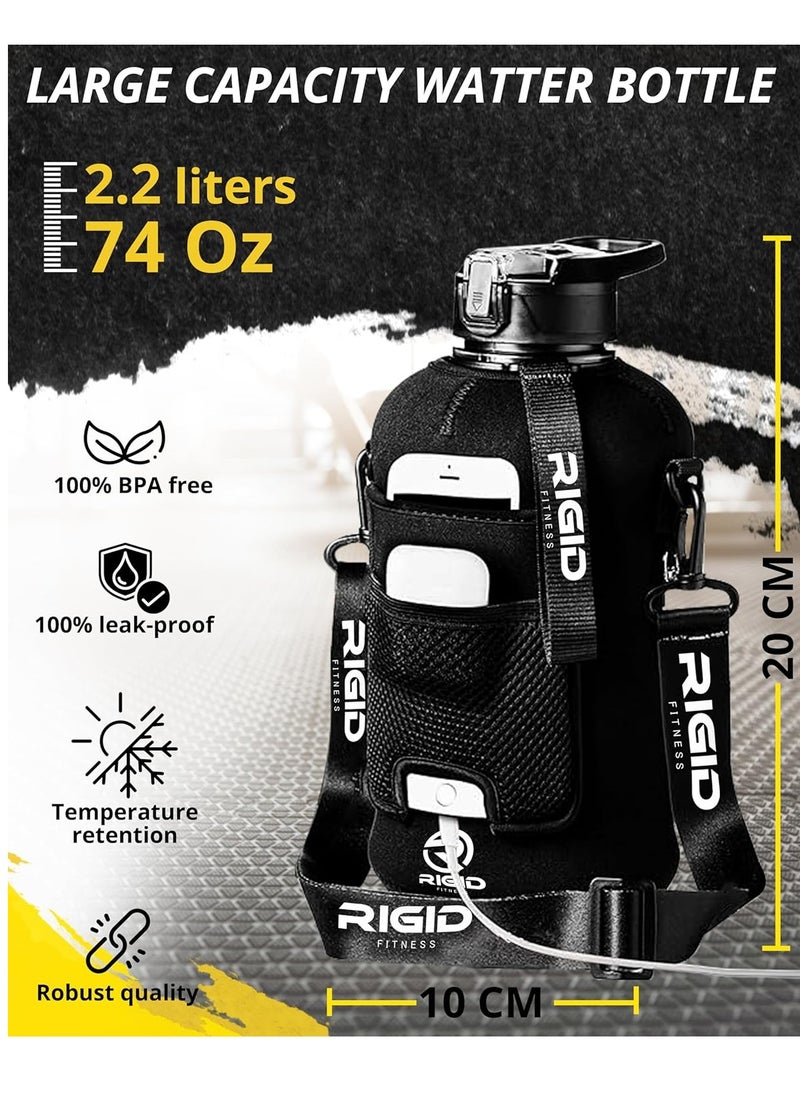 RIGID FITNESS - Fitness Gym Bottle & Hydration Jug - Large Water Bottle With Straw, Storage Sleeve For Phone - Bpa-Free & Healthy Sports Bottle For Workout, Hiking, And Daily Use - 2.2L/74Oz (Black) - Image 1