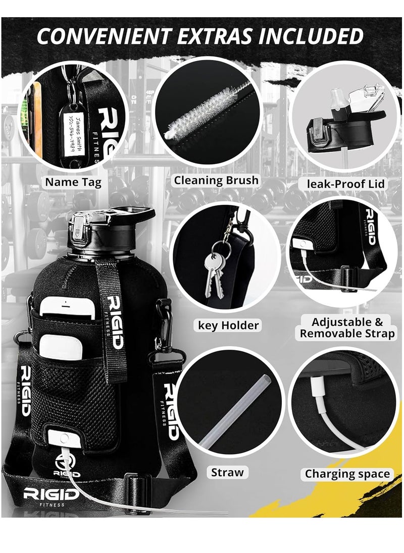 RIGID FITNESS - Fitness Gym Bottle & Hydration Jug - Large Water Bottle With Straw, Storage Sleeve For Phone - Bpa-Free & Healthy Sports Bottle For Workout, Hiking, And Daily Use - 2.2L/74Oz (Black) - Image 1