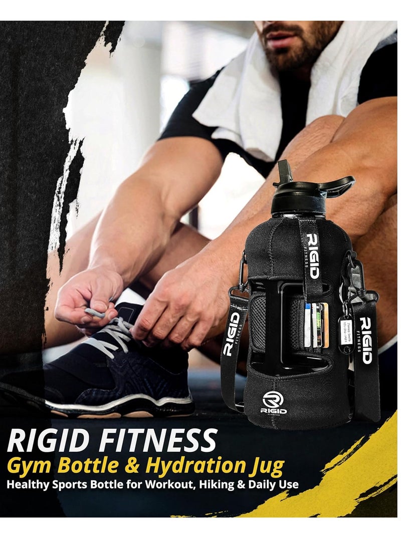 RIGID FITNESS - Fitness Gym Bottle & Hydration Jug - Large Water Bottle With Straw, Storage Sleeve For Phone - Bpa-Free & Healthy Sports Bottle For Workout, Hiking, And Daily Use - 2.2L/74Oz (Black) - Image 1