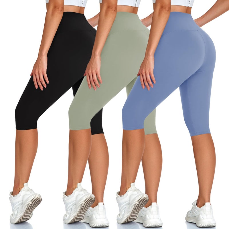 Hi Clasmix High Waisted 3 Pack Women's Capri Pants - Knee Length Yoga Shorts, Biker Workout Leggings for Women,Summer Activewear - Image 1