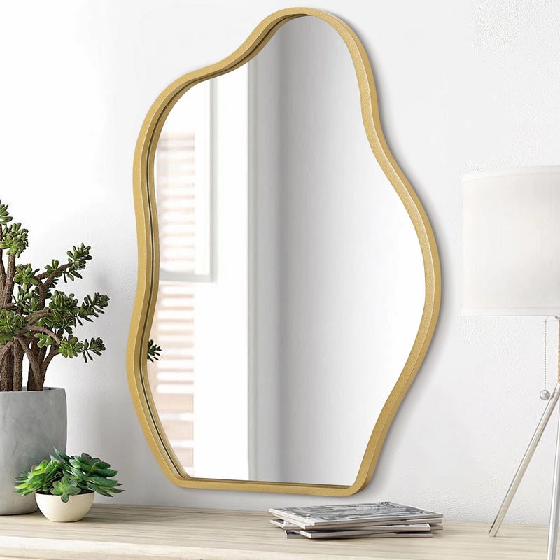 Gold Irregular Mirror for Wall Decor Modern Asymmetrical Wooden Framed Wall Mirrors Unique Shape Vanity Artistic Decorative for Living Room Bedroom Bathroom Entryway Gray