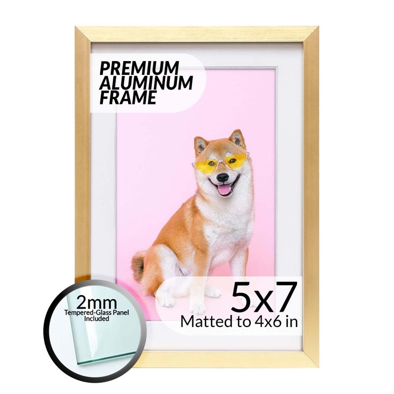 FrameWorks 5x7 Matted to 4x6 Picture Frame - Aluminum Frame w/Tempered Glass  Removable Mat for Photos  Posters  Art  Stylish Wall Frame for Home Decor  Gallery Walls  Office  Living Room - Gold - Image 1