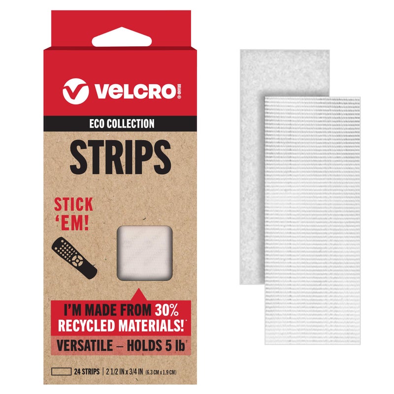 VELCRO Brand مجموعة VELCRO ECO | 24 مجموعة | شرائط تعليق Stick'EM مع لاصق | تركيب سهل | 2-1/2 بوصة × 3/4 بوصة، بيضاء مع ظهر لاصق - Image 1