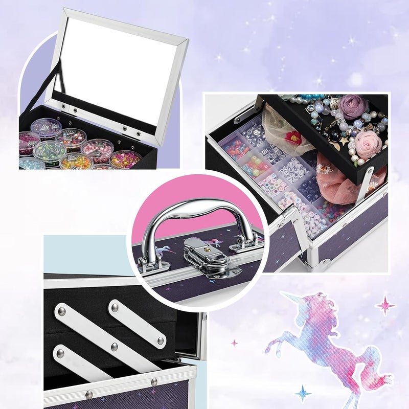 Joligrace Makeup Case for Girls Cosmetic Train Case Makeup Storage Box Jewelry Organizer Hair Accessories Lockable with Trays & Mirror Kids Gift Unicorn - Image 4