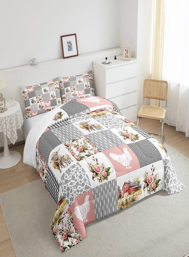 Homewish Farmhouse Barn Comforter Set Twin Size,Chicken Highland Cow Flowers Grid Bedding Set for Kids Boys Men,Rustic Pink Patchwork Geometry Quilted Duvet Set with 1 Pillowcase - Image 2