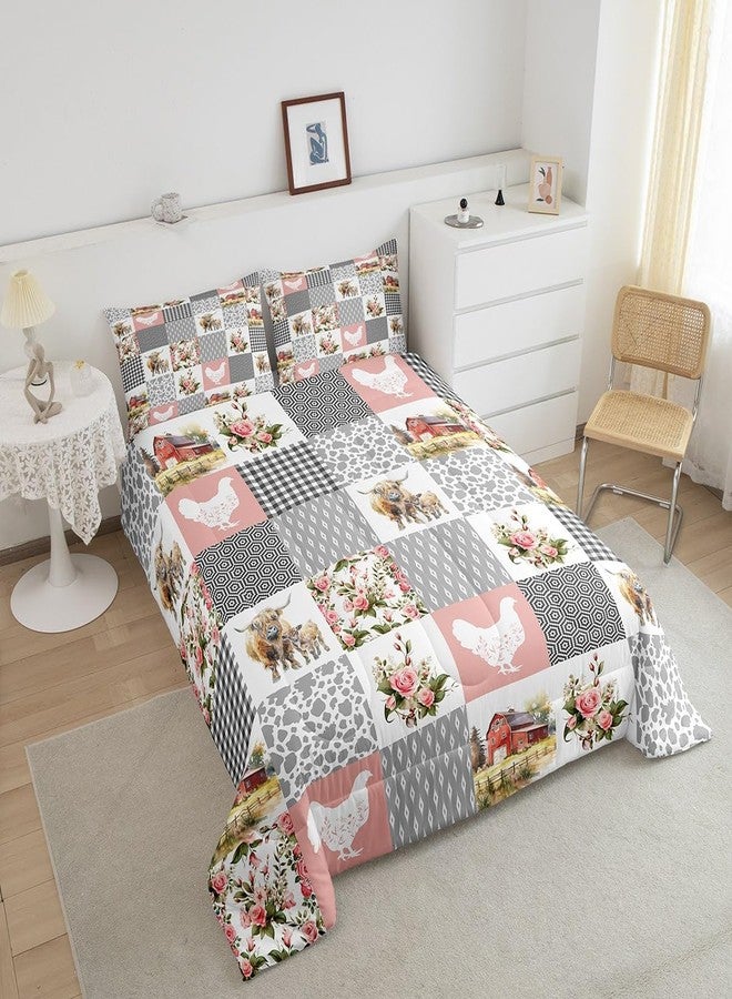 Homewish Farmhouse Barn Comforter Set Twin Size,Chicken Highland Cow Flowers Grid Bedding Set for Kids Boys Men,Rustic Pink Patchwork Geometry Quilted Duvet Set with 1 Pillowcase - Image 4