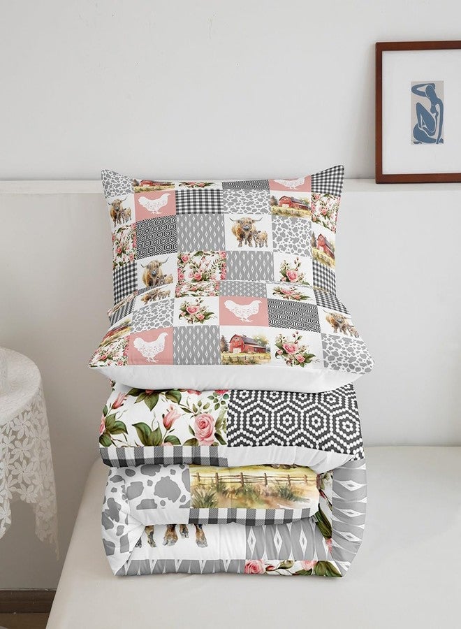 Homewish Farmhouse Barn Comforter Set Twin Size,Chicken Highland Cow Flowers Grid Bedding Set for Kids Boys Men,Rustic Pink Patchwork Geometry Quilted Duvet Set with 1 Pillowcase - Image 5