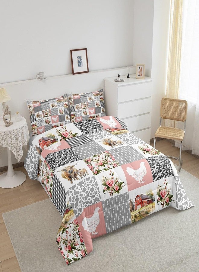 Homewish Farmhouse Barn Comforter Set Twin Size,Chicken Highland Cow Flowers Grid Bedding Set for Kids Boys Men,Rustic Pink Patchwork Geometry Quilted Duvet Set with 1 Pillowcase - Image 3