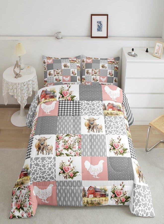 Homewish Farmhouse Barn Comforter Set Twin Size,Chicken Highland Cow Flowers Grid Bedding Set for Kids Boys Men,Rustic Pink Patchwork Geometry Quilted Duvet Set with 1 Pillowcase - Image 1