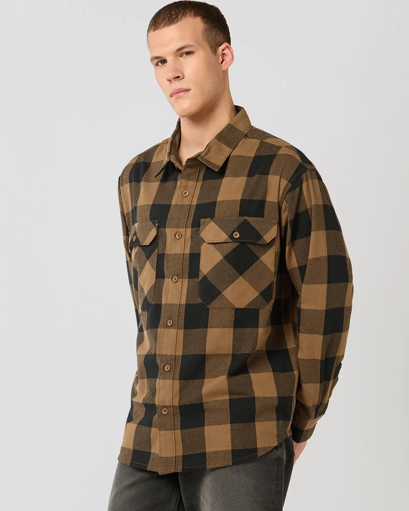 bewakoof Men's Orange & Black Checked Oversized Shirt
