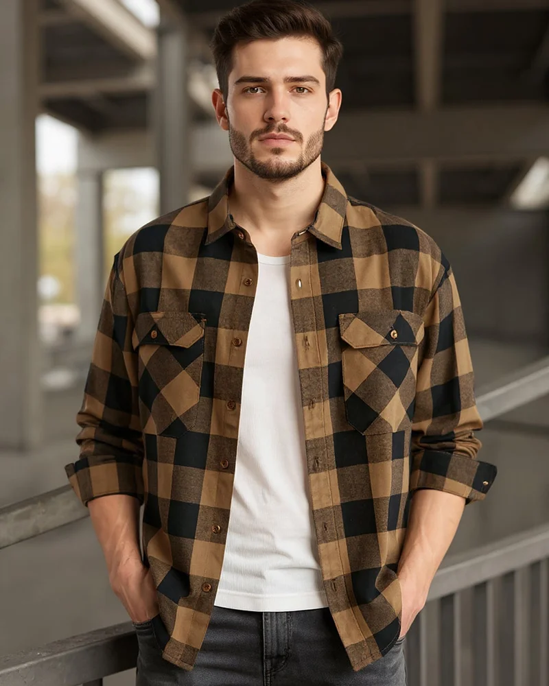 bewakoof Men's Orange & Black Checked Oversized Shirt
