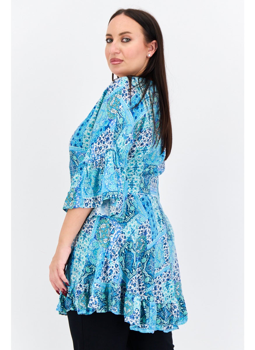Avenue Women Plus Size Scoop Neck Elbow Sleeve Paisley Blouse, Aqua Mendallion  - Image 2