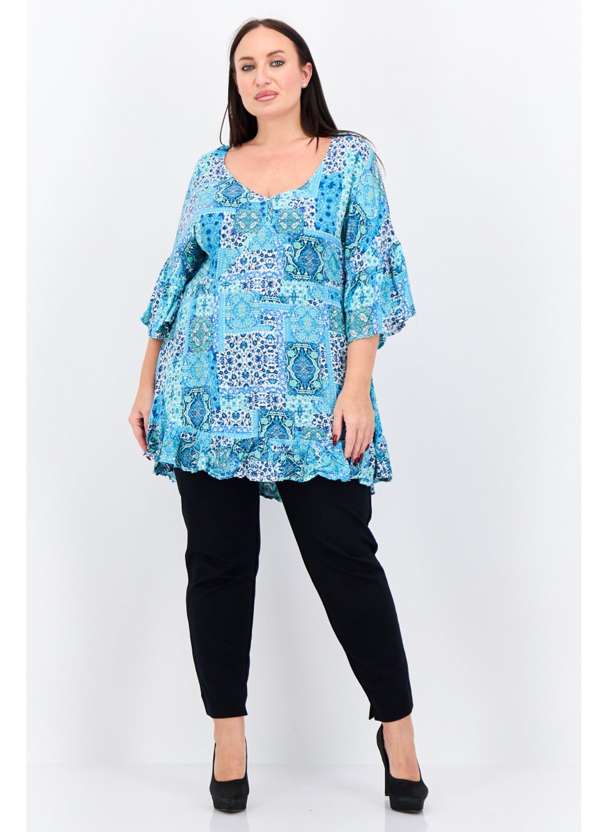 Avenue Women Plus Size Scoop Neck Elbow Sleeve Paisley Blouse, Aqua Mendallion  - Image 4