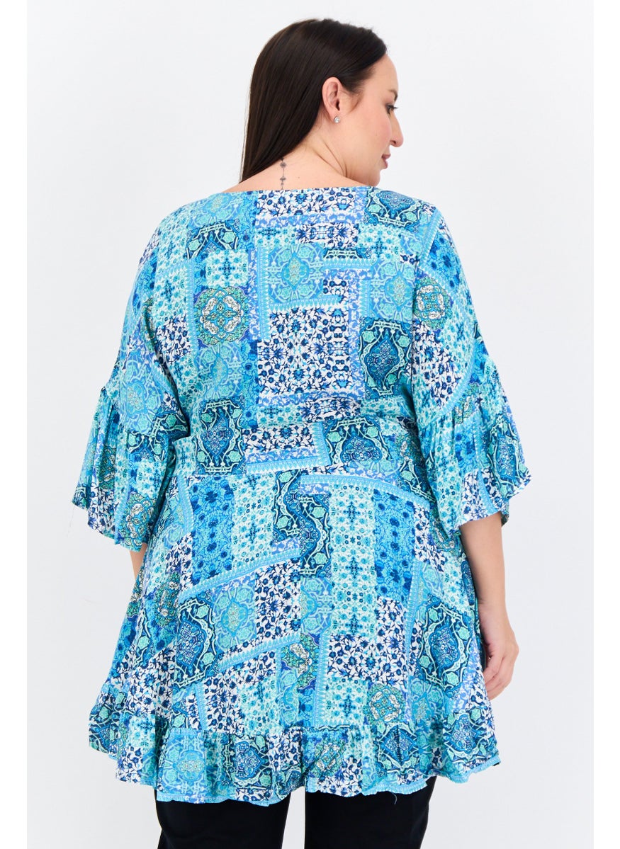Avenue Women Plus Size Scoop Neck Elbow Sleeve Paisley Blouse, Aqua Mendallion  - Image 3