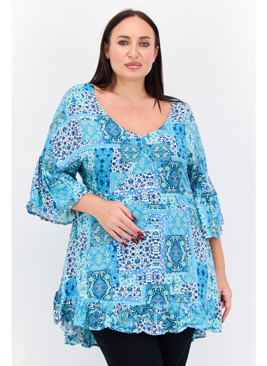 Avenue Women Plus Size Scoop Neck Elbow Sleeve Paisley Blouse, Aqua Mendallion  - Image 1