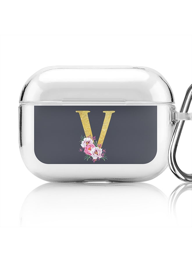 Stylizedd Classic Clear printed Case for Apple AirPods Pro 2nd Generation Thin Transparent Cover - Custom Monogram Initial Letter Floral Pattern Alphabet - V (Grey ) - Image 1