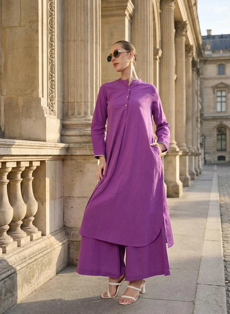 آي شين Purple Poly Blend Solid Print Straight Fit A-Line Tunic & Full Length Palazzo Kurta Set For Women