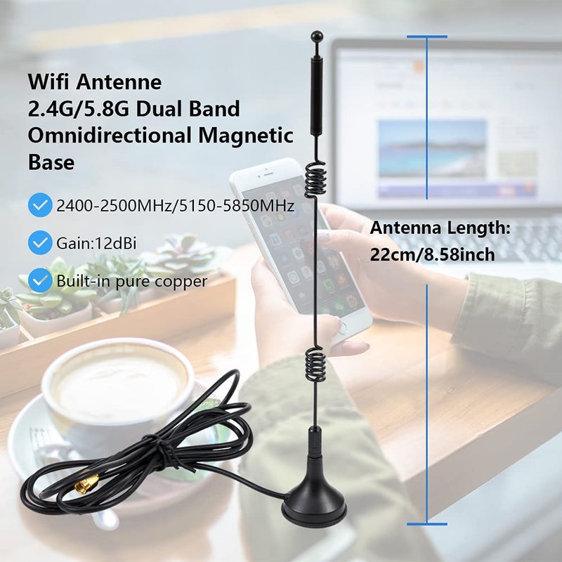 POBADY WiFi Antenna 2.4G /5G/5.8G Dual Frequency 12dBi MIMO Omnidirectional Signal Booster Magnetic Base RP-SMA Adapter 1.5M 4.9ft for PCIE Network WiFi Card Router External Antenna Wireless WLAN - Image 3