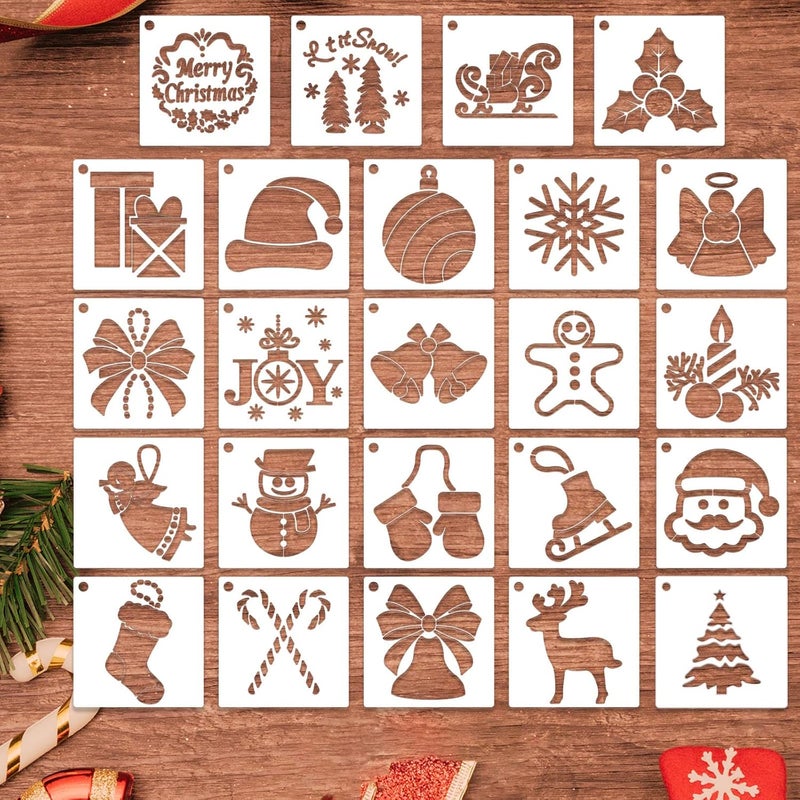 CANIPHA 24Pcs Small Christmas Stencils 3x3 Inch for Painting on Wood Slice,DIY Christmas Ornaments - Image 1