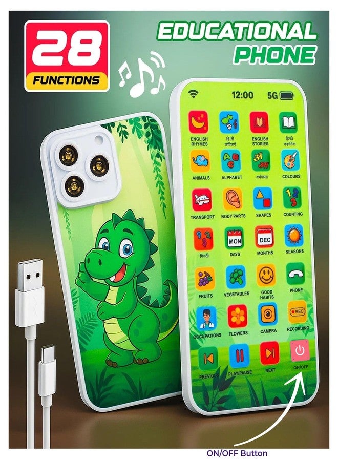 YUIOP - EduPhone Educational Type-C Rechargeable Musical Toy - 28 Functions Recording, Alphabet, Numbers, Varnmala, Animal Sounds, Nursery Rhymes in English & Hindi (Green (Dino Theme)) - Image 2