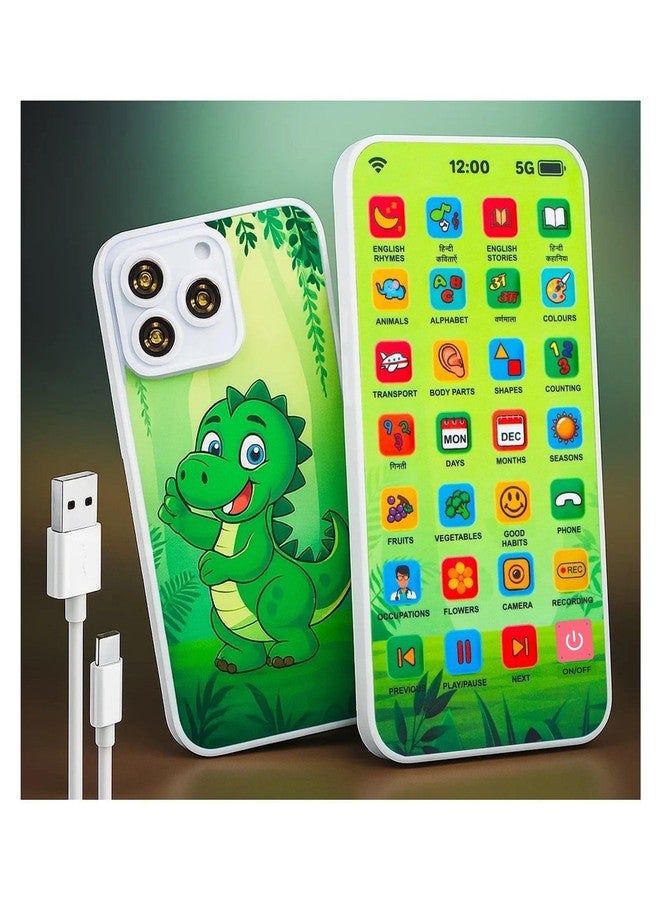 YUIOP - EduPhone Educational Type-C Rechargeable Musical Toy - 28 Functions Recording, Alphabet, Numbers, Varnmala, Animal Sounds, Nursery Rhymes in English & Hindi (Green (Dino Theme)) - Image 1