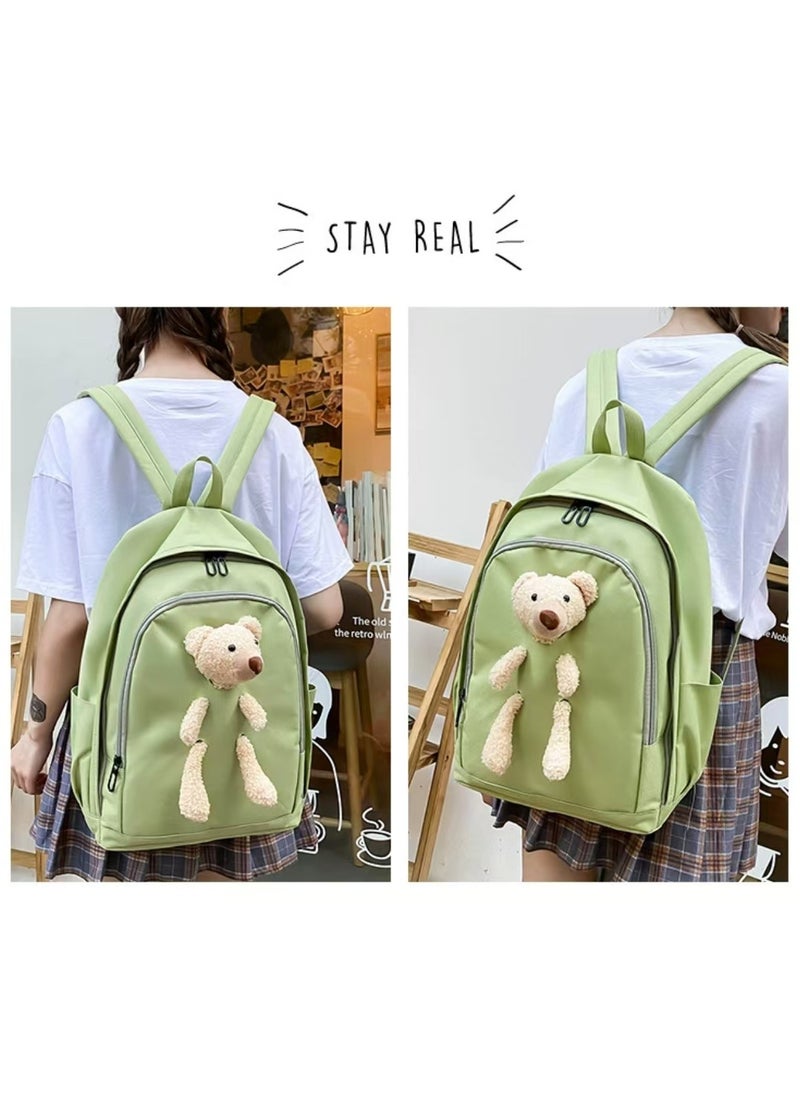 SUNSTAR - New 4-piece casual doll backpack set cute bear sweet large capacity backpack crossbody bag handbag pencil box for children, girls, high school students, green - Image 1