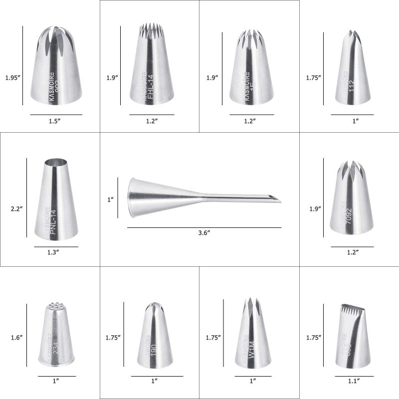 Kasmoire 11 Pcs Extra Large Piping Tip Set,Stainless Steel Cake Decorating Icing Tips Nozzles,Professional Pastry Tips for Cupcake, Cookie and Puff - Image 2
