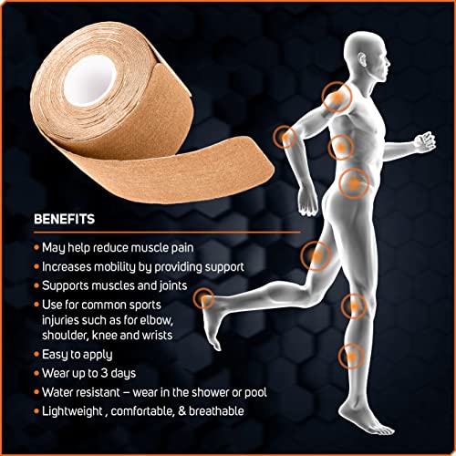 Care Science Waterproof Kinesiology Tape, Precut Water Resistant Strips, Elastic Athletic Tape for Sports & Weightlifting, Supports Muscles & Joints, Muscle Strain Relief, Tan, 2 Rolls, 40 Count - Image 2