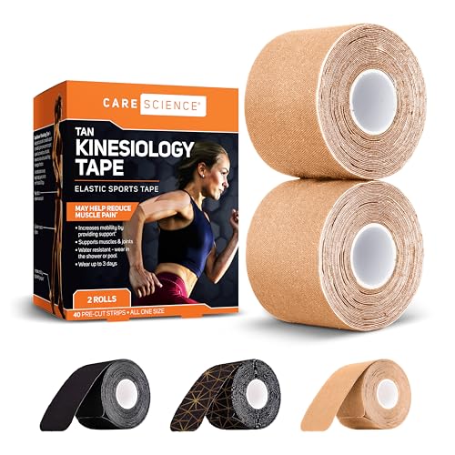 Care Science Waterproof Kinesiology Tape, Precut Water Resistant Strips, Elastic Athletic Tape for Sports & Weightlifting, Supports Muscles & Joints, Muscle Strain Relief, Tan, 2 Rolls, 40 Count - Image 1