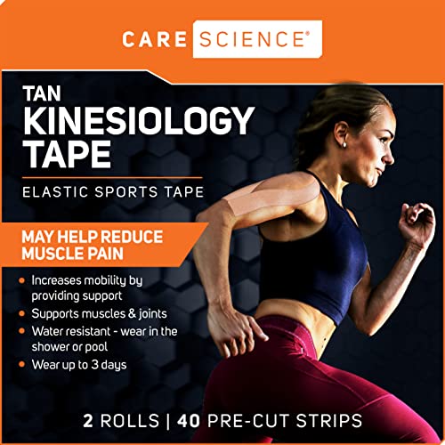 Care Science Waterproof Kinesiology Tape, Precut Water Resistant Strips, Elastic Athletic Tape for Sports & Weightlifting, Supports Muscles & Joints, Muscle Strain Relief, Tan, 2 Rolls, 40 Count - Image 3