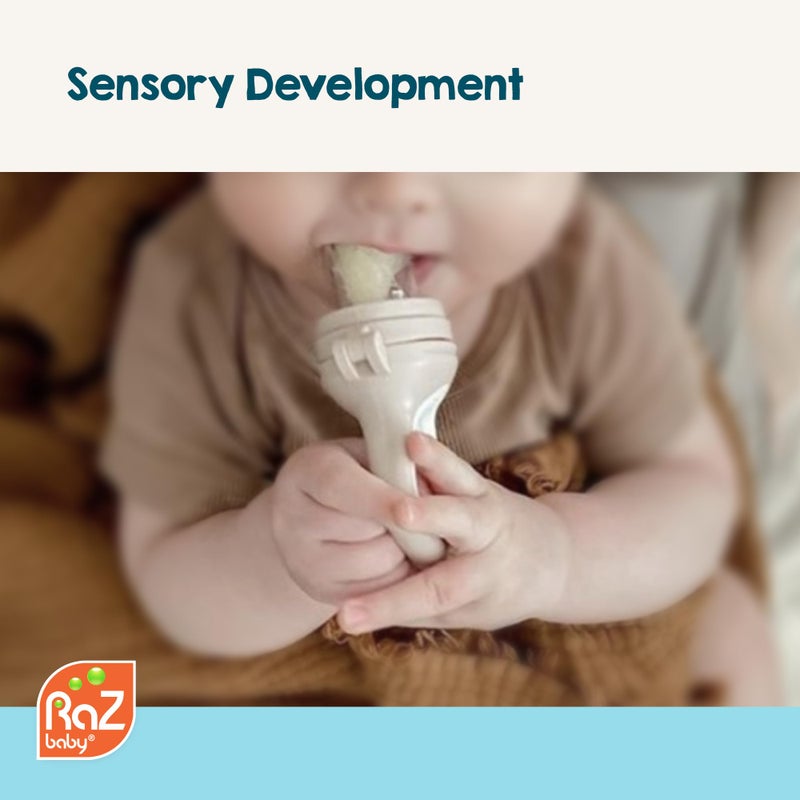 RaZbaby Baby Solids/Frozen Fruit Feeder Pacifier, Infant Teether Toy 6M+, BPA-Free Silicone Pouch & Nipple, Safely Introduce Solids, Natural Teething Relief, Dishwasher Safe, Freezable - Tan/White - Image 3