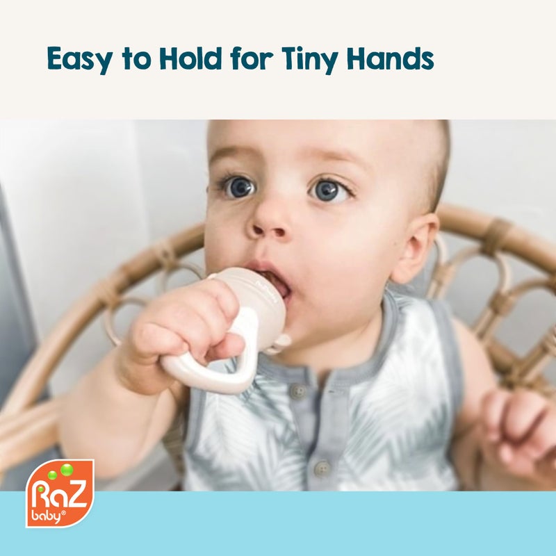 RaZbaby Baby Solids/Frozen Fruit Feeder Pacifier, Infant Teether Toy 6M+, BPA-Free Silicone Pouch & Nipple, Safely Introduce Solids, Natural Teething Relief, Dishwasher Safe, Freezable - Tan/White - Image 4