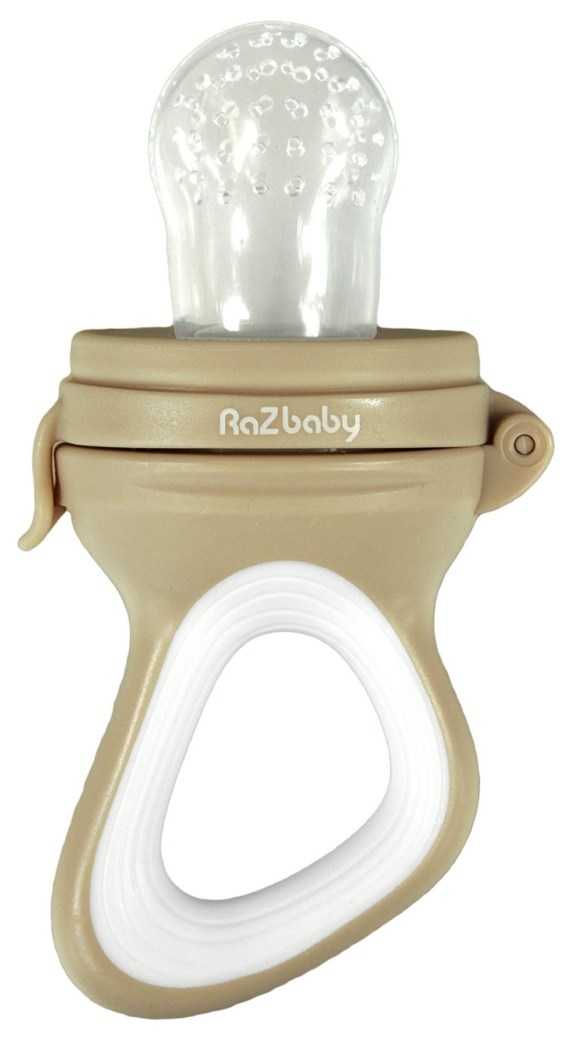 RaZbaby Baby Solids/Frozen Fruit Feeder Pacifier, Infant Teether Toy 6M+, BPA-Free Silicone Pouch & Nipple, Safely Introduce Solids, Natural Teething Relief, Dishwasher Safe, Freezable - Tan/White - Image 1