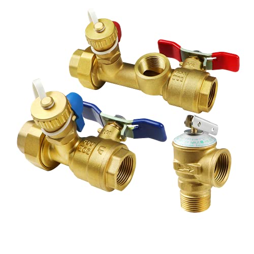 Iococee 3/4 Inch IPS Isolator Tankless Water Heater Service Valve Kit with Pressure Relief Valve, Clean Brass, 3/4 Inch Service Installation Valve for rheem,rinai,ecosmart,navien,noritz,takagi,bosch - Image 1