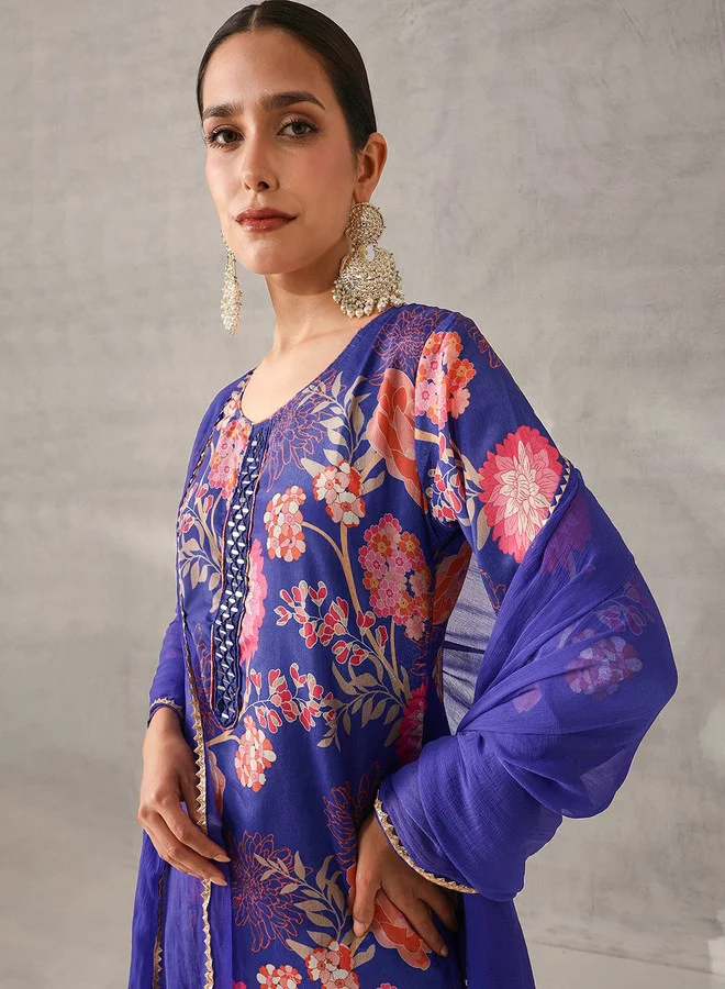 ISHIN Women's Royal Blue Chinon Self Designed Tunic Upper Full Length Palazzo Bottom Regular Fit 3 Piece Kurta Set