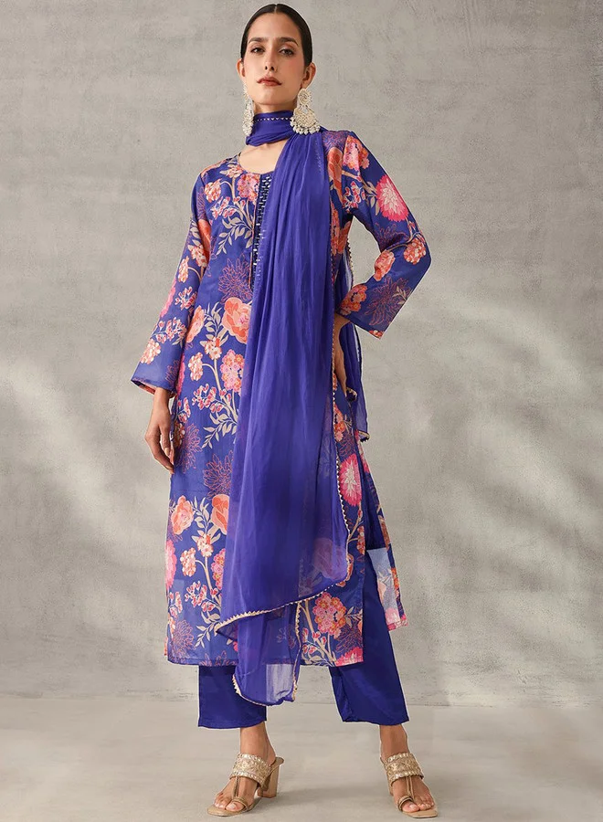ISHIN Women's Royal Blue Chinon Self Designed Tunic Upper Full Length Palazzo Bottom Regular Fit 3 Piece Kurta Set