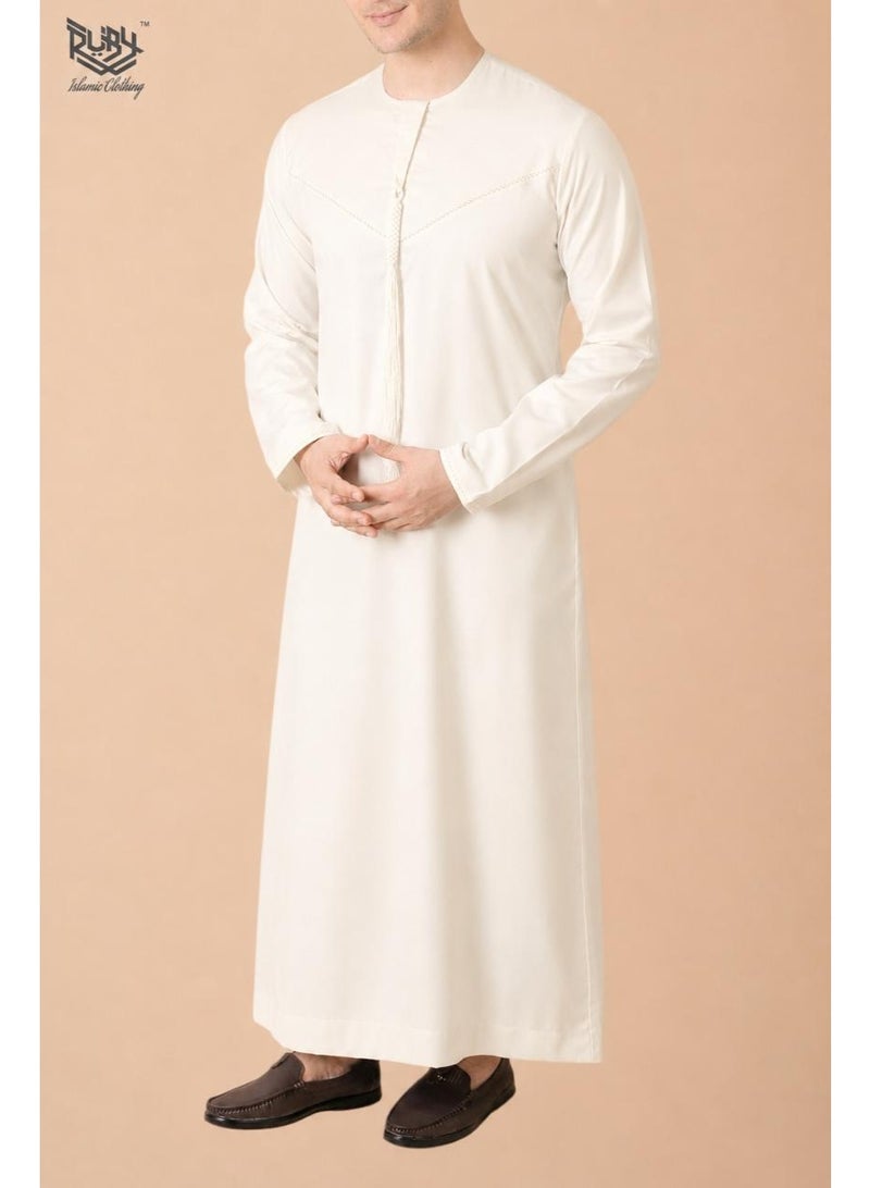 RUBY ISLAMIC CLOTHING Classic  Off White (Light Cream) Emirati Thobe kandura for Men with Intricate Embroidery Men's kandura Kaftan Round Neck Long Sleeve Saudi Arabian Muslin Robe - Image 1