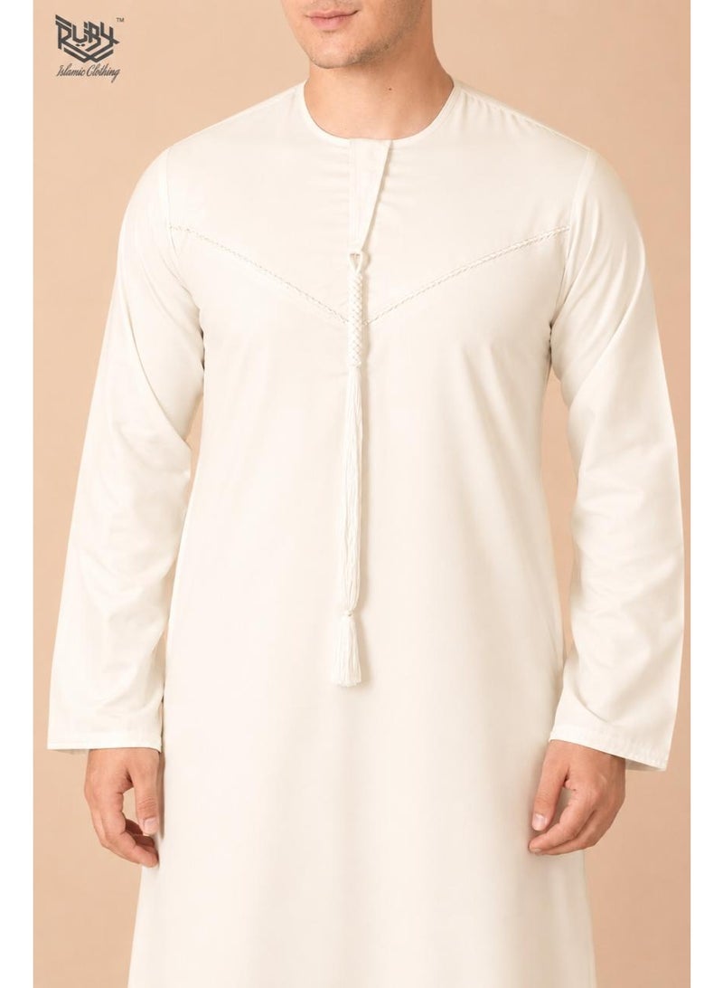 RUBY ISLAMIC CLOTHING Classic  Off White (Light Cream) Emirati Thobe kandura for Men with Intricate Embroidery Men's kandura Kaftan Round Neck Long Sleeve Saudi Arabian Muslin Robe - Image 3